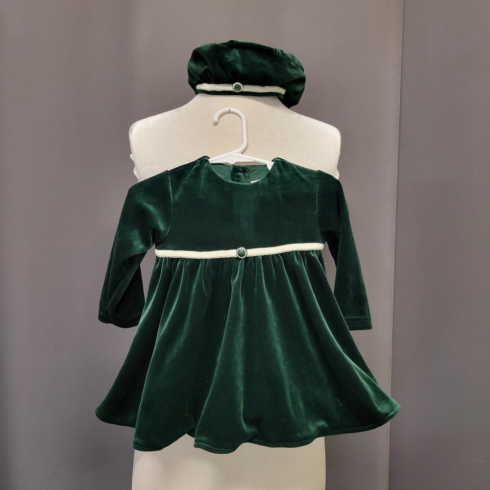 Vintage 90s y2k Rose Cottage Baby Dress Green Velvet‎ Holiday Beret Hat 6-9 Mo